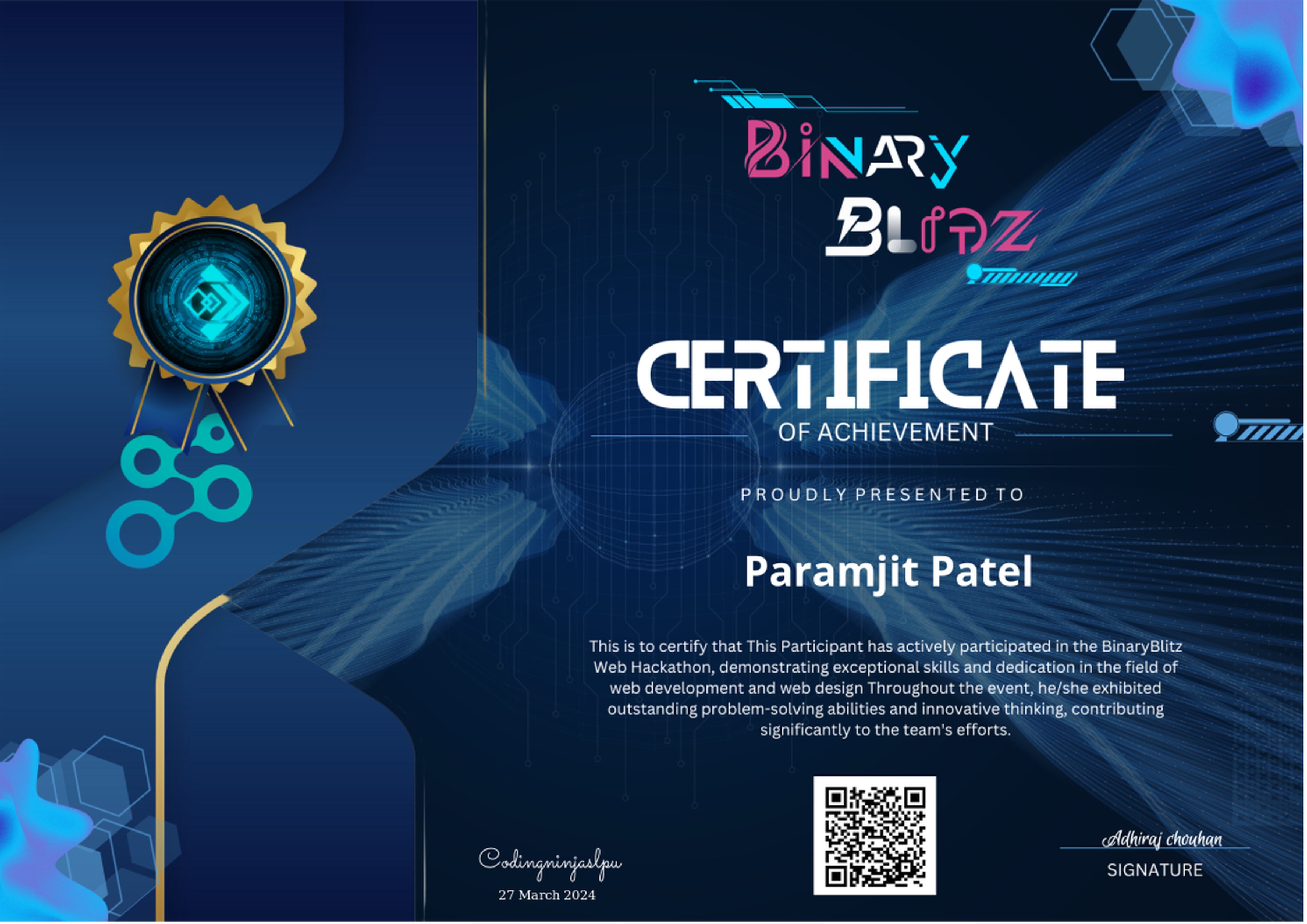 BinaryBlitz Web Hackathon Certificate
